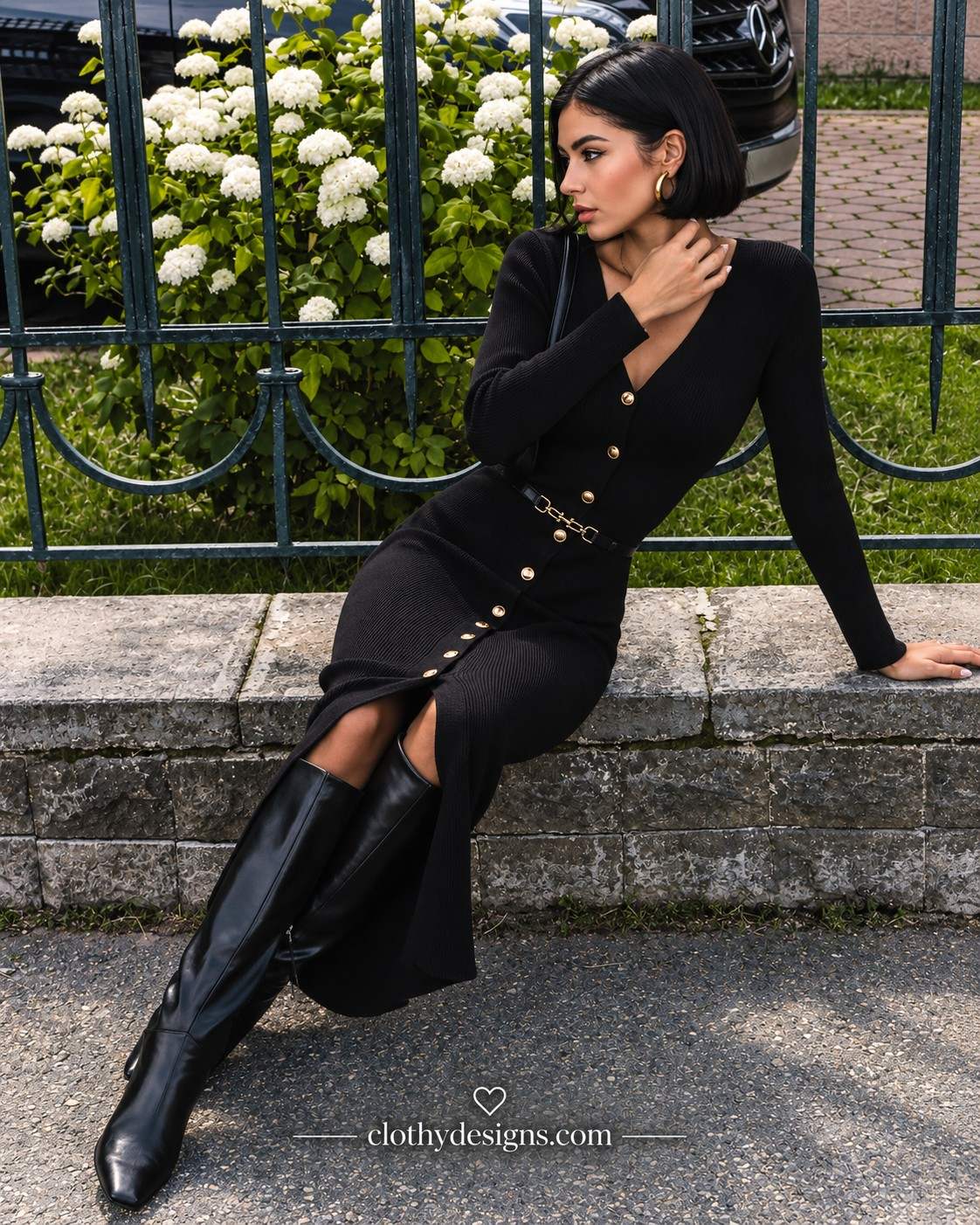 Women's Knitted Button-Front Midi Sweater Dress – Long Sleeve Bodycon Dress with Side Split, Fall Winter Fashion